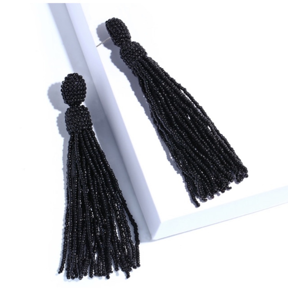 🌟Post Drop Black Glass Beaded Tassel Earrings🌟